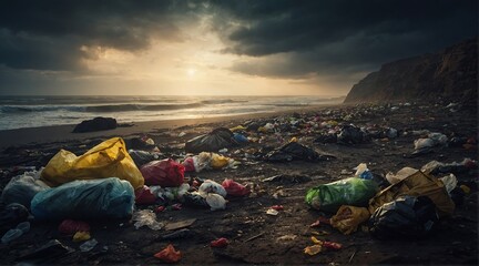 Ecological garbage disaster. Heaps of garbage that are killing our planet. - obrazy, fototapety, plakaty