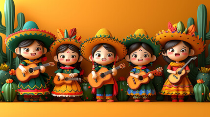 Happy Cinco de Mayo. Colorful holiday banner with Mexican band, sombrero, flowers and cacti