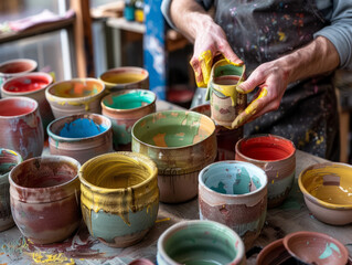 An artist's hands mix different paint colors in small bowls for pottery glazing in an art studio - Powered by Adobe