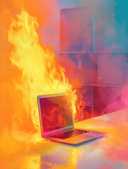 A fiery scene with a laptop at the center of a cubicle