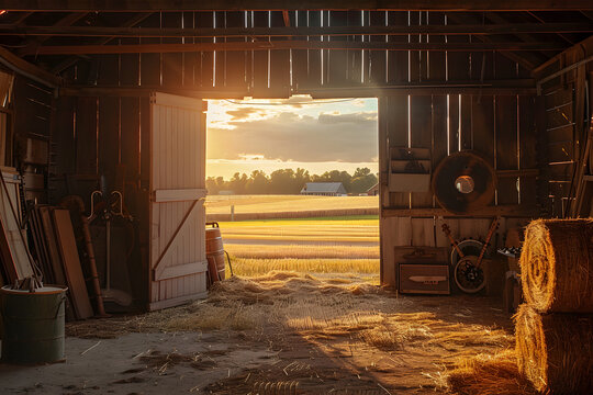 the inside of a barn with door open looking into the fields at golden hour, hay bales, instruments and tools
