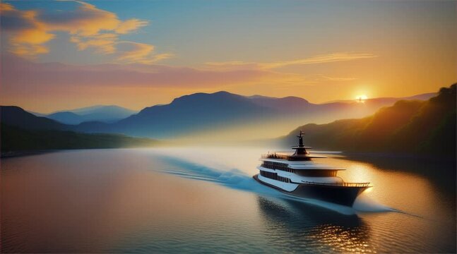 luxury motor boat in the sea in the evening sunlight over beautiful big mountains background, luxury summer adventure, active vacation in sea