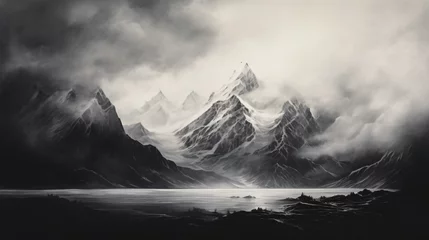 Glasschilderij Alpen Charcoal Pencil Sketch Black and White Ominous and Icy