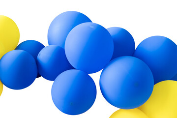 A cluster of yellow and blue balloons isolated on a white background.