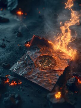A letter engulfed in flames with a cryptocurrency message written on it
