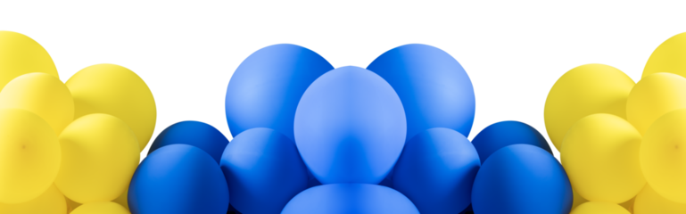 A cluster of yellow and blue balloons isolated on a white background. Panorama concept.