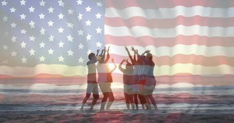 Animation of american flag over diverse friends dancing on beach at sunset - Powered by Adobe