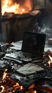 Charred remnants of paper and office supplies scattered around the burning laptop