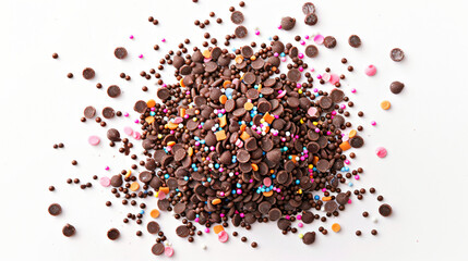Chocolate sprinkles pile granules scattered isolated on white background