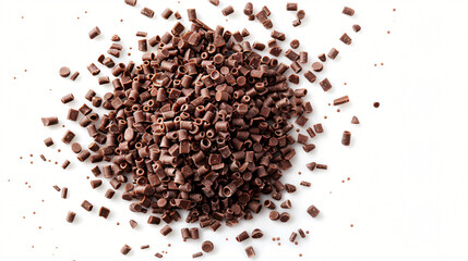 Chocolate sprinkles pile granules scattered isolated on white background