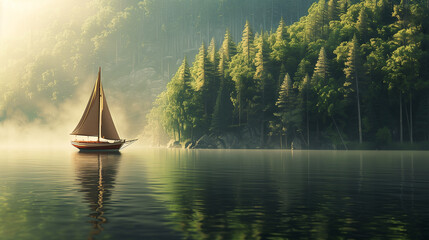 Small boat yacht with white sails in the middle of beautiful lake in the mountains