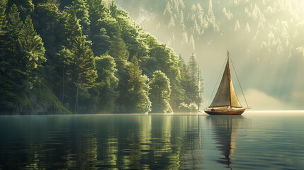 Small boat yacht with white sails in the middle of beautiful lake in the mountains