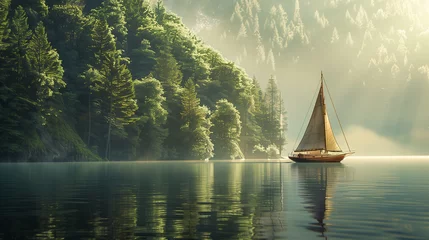 Foto op Canvas Small boat yacht with white sails in the middle of beautiful lake in the mountains © Bogna