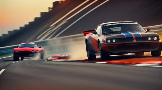 A car is driving on a track with a lot of smoke coming out of the back. The car is black and red with a white stripe