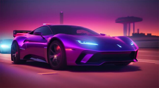 A purple car is driving down a road with a city in the background. The car is the main focus of the image, and it is a high-performance vehicle. The city in the background adds a sense of urban life