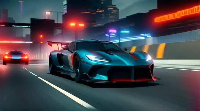 A car is racing down a road with a city in the background. The car is silver and has a racing stripe