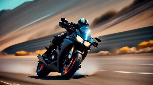 A motorcycle is speeding down a road with a lot of smoke coming out of the back. Concept of excitement and adrenaline as the motorcycle rider takes on the challenge of navigating the winding road
