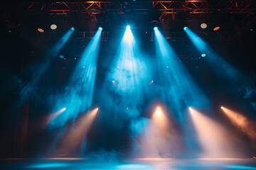 many turned on blue spotlights illuminate an empty stage, a background for a splash screen or filling, a performance, a show