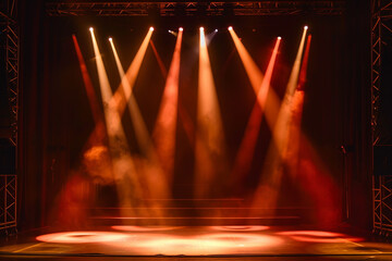 many turned on red spotlights illuminate an empty stage, a background for a splash screen or filling, a performance, a show - obrazy, fototapety, plakaty