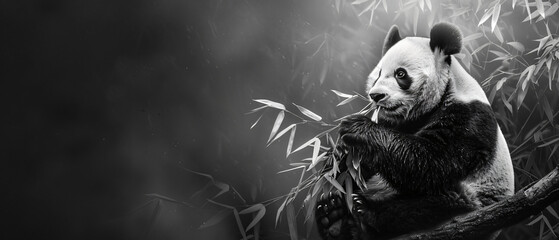 A black and white photo of a panda bear sitting  - Powered by Adobe