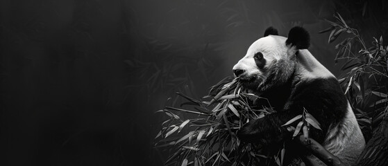A black and white photo of a panda bear sitting 