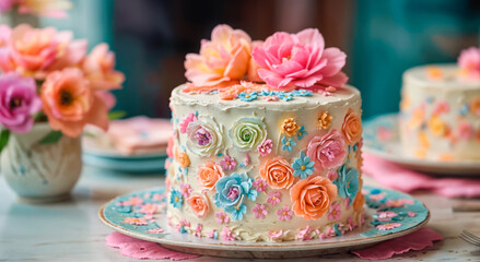 Obraz na płótnie Canvas Beautiful cake with cream flowers