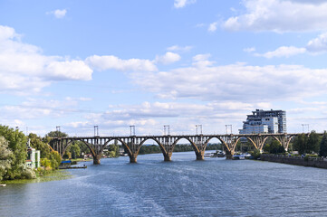 a road bridge over the river. The Dnieper River to the city of Dnipro, Ukraine