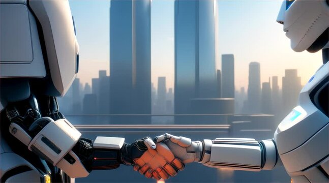 Close-up of two robots shaking hands and celebrating success on the background of city buildings.