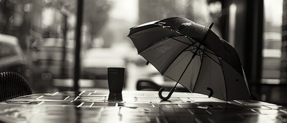 A black and white photo of an umbrella on a table. ..