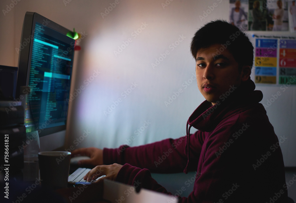 Poster Night, portrait and man with computer for coding systems or designing software, cybersecurity and developer for company. Male person, programming or cloud engineer and malware with display of script