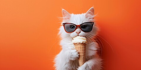 Quirky white cat enjoying a vanilla ice cream cone with oversized sunglasses