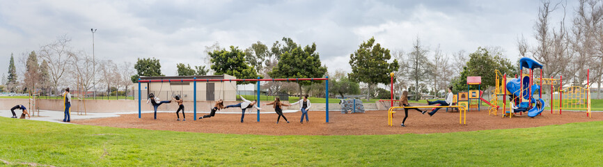 Panorama of Twelve People on Mother Daughter Play Day at City Park, California, USA