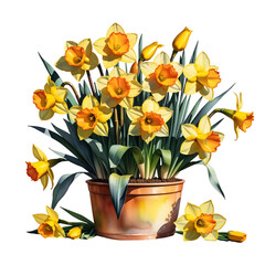 Large bush of yellow daffodils in a clay pot isolated on PNG background. Generative AI.