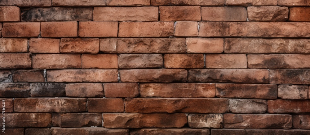 Poster a detailed closeup of a brown brick wall showcasing the rectangular pattern of the brickwork. the co