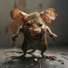 A rat that looks angry and has scarred muscles. Background in a dirty sewer