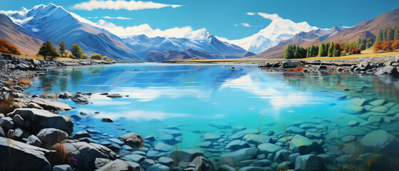 A body of water surrounded by rocks and a mountain  - Powered by Adobe