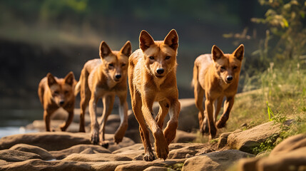 A Pack of Dholes (Asiatic Wild Dogs) Roaming Freely in Their Natural Wilderness Habitat - An...