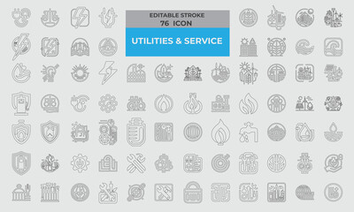76 Stroke Icons for Utilities & Service set in Line style. Excellent icons collection. Vector illustration. 