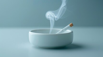 A single lit cigarette in a white ashtray as a stark representation of smoking - obrazy, fototapety, plakaty