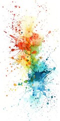 A dynamic watercolor burst of rainbow hues creating a lively and whimsical effect on a pure white backdrop.