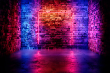 Background of an empty corridor with brick walls and neon light. Brick walls, neon rays and glow