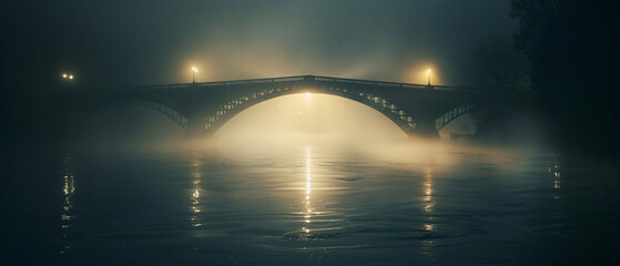 A bridge that is over water with fog on it and a light