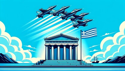 Illustration in a vector style for greek independence day  with fighter jets flying in formation.