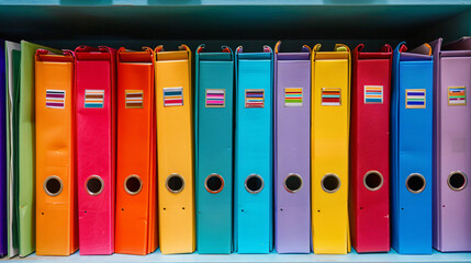 Colorful file binders on office shelves  - obrazy, fototapety, plakaty