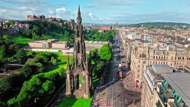 Aerial view of Scotland's capital enchanting architecture, and rich cultural heritage. Medieval Old Town, Calton Hill,  Princes Street Gardens, Edinburgh Castle, Scott Monument.