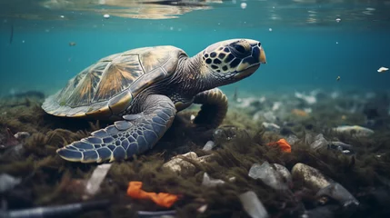 Fotobehang Sea turtle wrapped in plastic bag, wildlife conservation, photo shoot © Nittaya