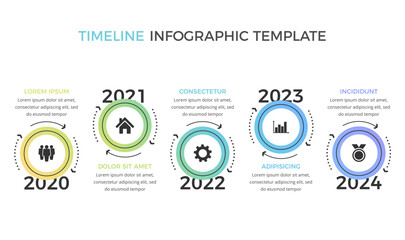 Timeline infographics template with five circles with place for your icons and text, vector eps10 illustration