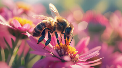Close-up of a honeybee collecting nectar from vibrant pink and yellow flowers under warm sunlight, showcasing the delicate interaction between pollinators and flora. - obrazy, fototapety, plakaty
