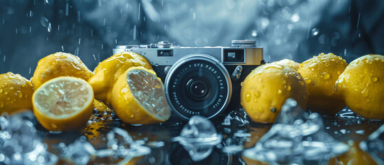 A camera surrounded by lemons on a table with water 