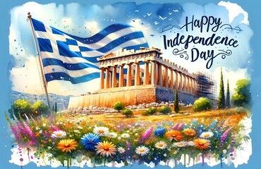 Watercolor illustration greek independence day card with large waving flag over parthenon.